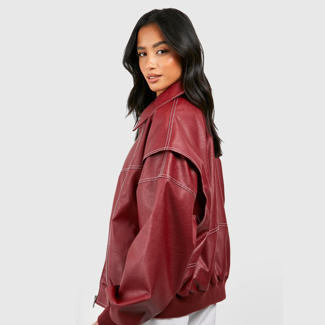 Chic Dubois™ | Veste en Cuir Surdimensionnée Rouge Cerise