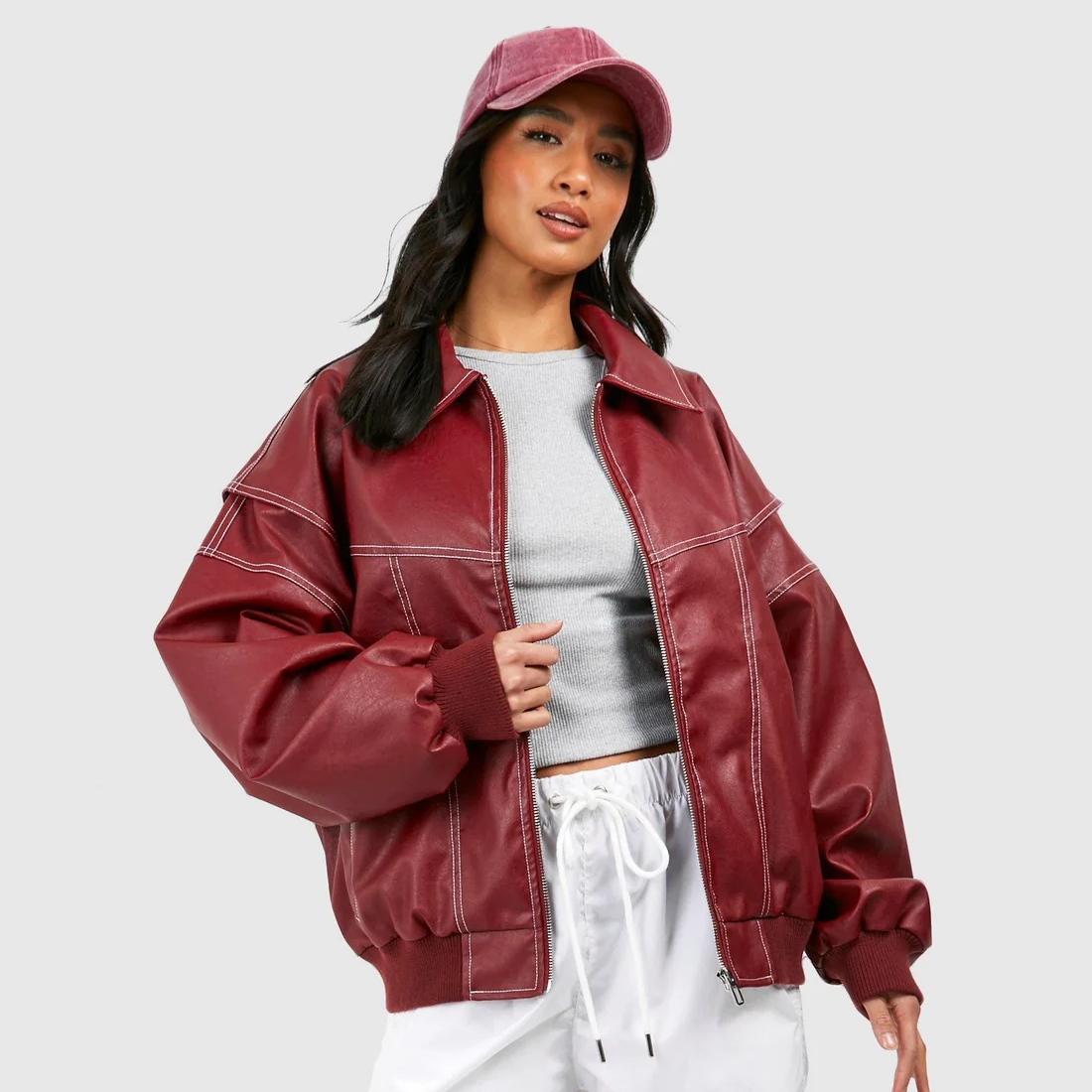 Chic Dubois™ | Veste en Cuir Surdimensionnée Rouge Cerise