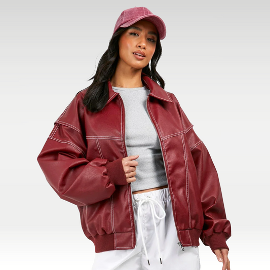 Chic Dubois™ | Veste en Cuir Surdimensionnée Rouge Cerise