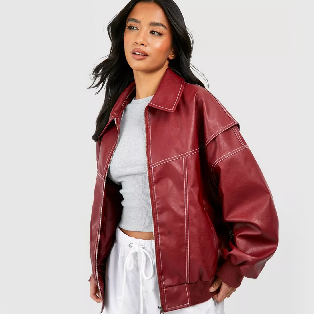 Chic Dubois™ | Veste en Cuir Surdimensionnée Rouge Cerise